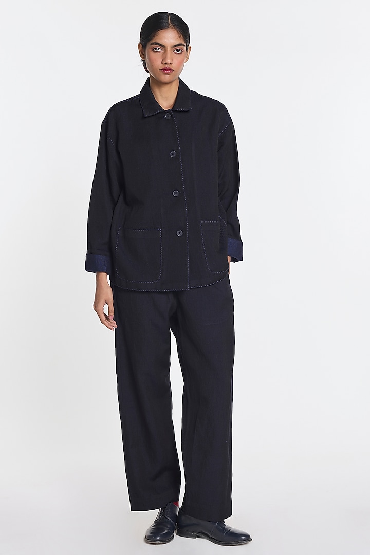 Navy Blue Handloom Linen Jacket by Payal Pratap at Pernia's Pop Up Shop