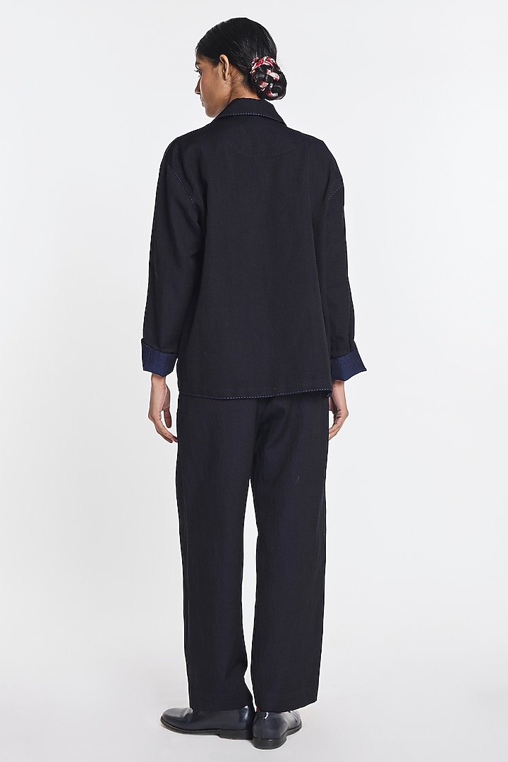 Navy Blue Handloom Linen Jacket by Payal Pratap at Pernia's Pop Up Shop
