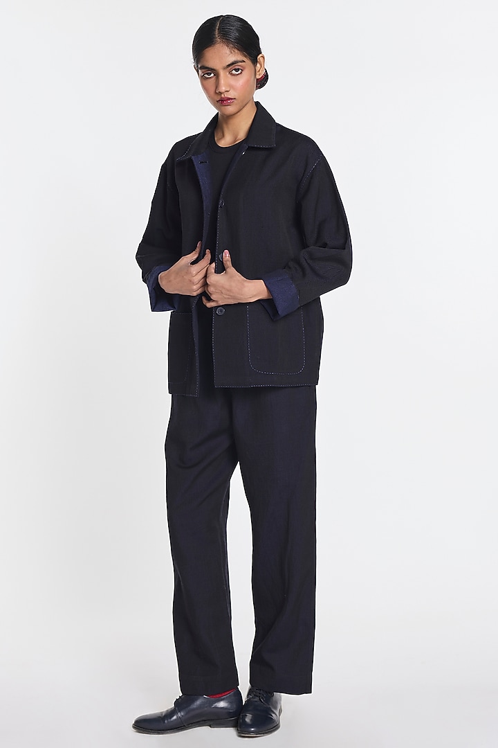 Navy Blue Handloom Linen Jacket by Payal Pratap at Pernia's Pop Up Shop
