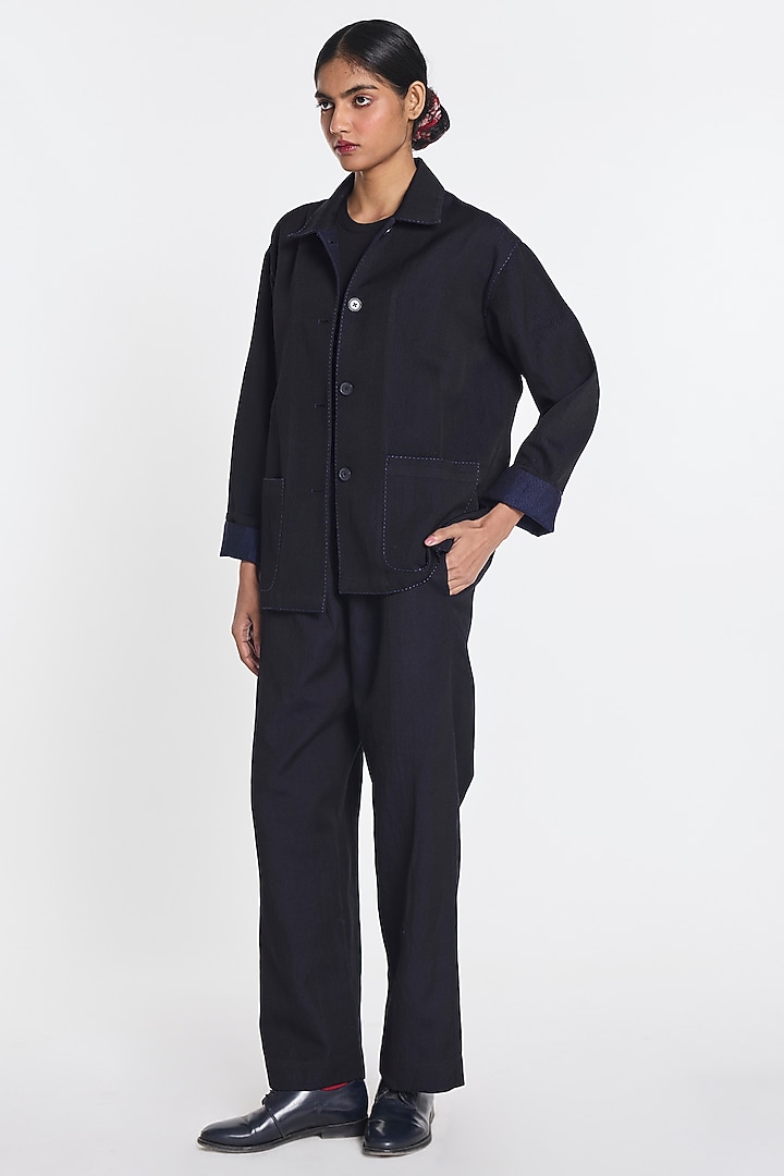 Navy Blue Handloom Linen Jacket by Payal Pratap at Pernia's Pop Up Shop