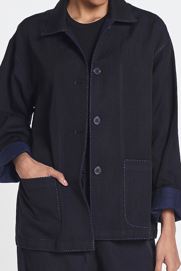 Navy Blue Handloom Linen Jacket by Payal Pratap at Pernia's Pop Up Shop