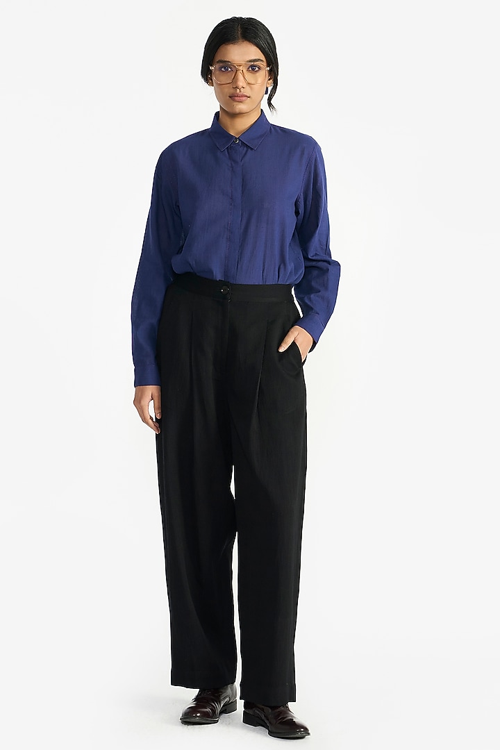 Black Handloom Linen & Wool Pants by Payal Pratap at Pernia's Pop Up Shop