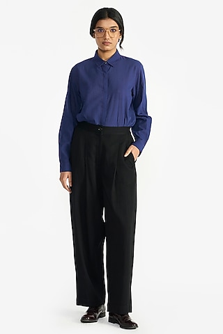 Black Handloom Linen & Wool Pants by Payal Pratap