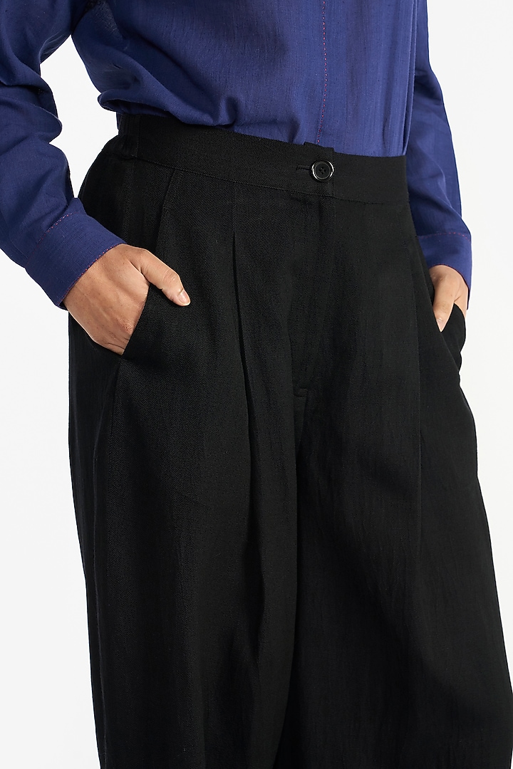 Black Handloom Linen & Wool Pants by Payal Pratap at Pernia's Pop Up Shop