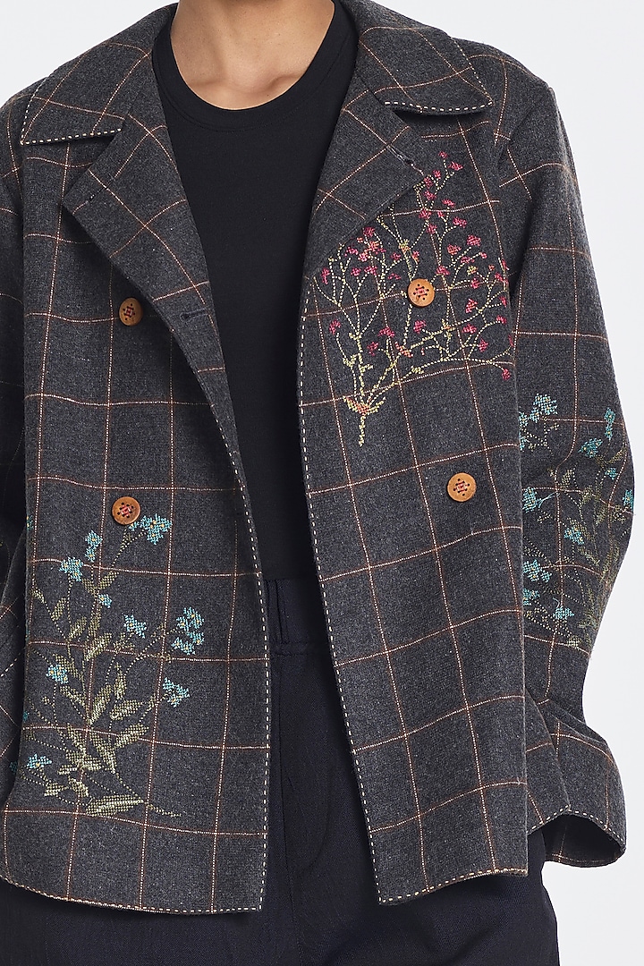 Grey Wool Checkered Jacket by Payal Pratap at Pernia's Pop Up Shop