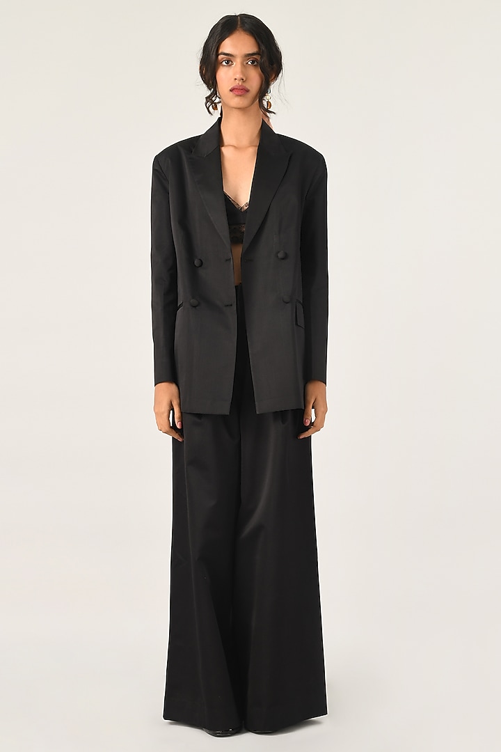 Black Duchess Satin Double-Breasted Jacket by Payal Pratap at Pernia's Pop Up Shop