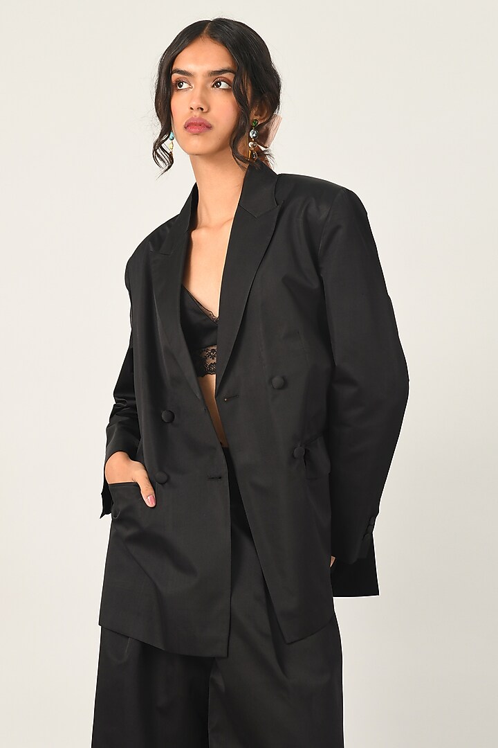 Black Duchess Satin Double-Breasted Jacket by Payal Pratap at Pernia's Pop Up Shop