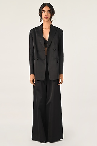 Black Duchess Satin Wide-Leg Trousers by Payal Pratap