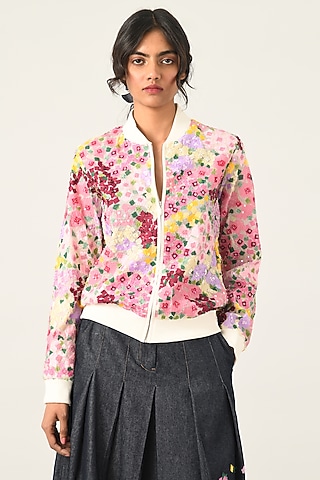 Ivory Silk Organza Floral Embroidered Jacket by Payal Pratap