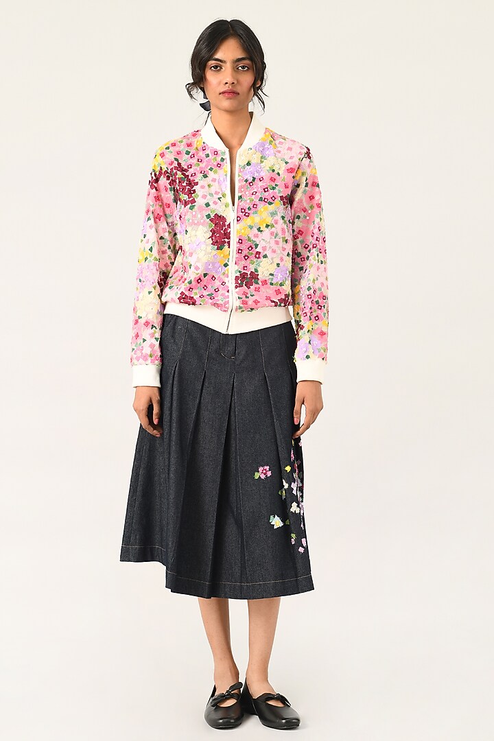 Ivory Silk Organza Floral Embroidered Jacket by Payal Pratap at Pernia's Pop Up Shop