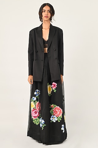Black Silk Organza Digital Floral Embroidered Skirt by Payal Pratap