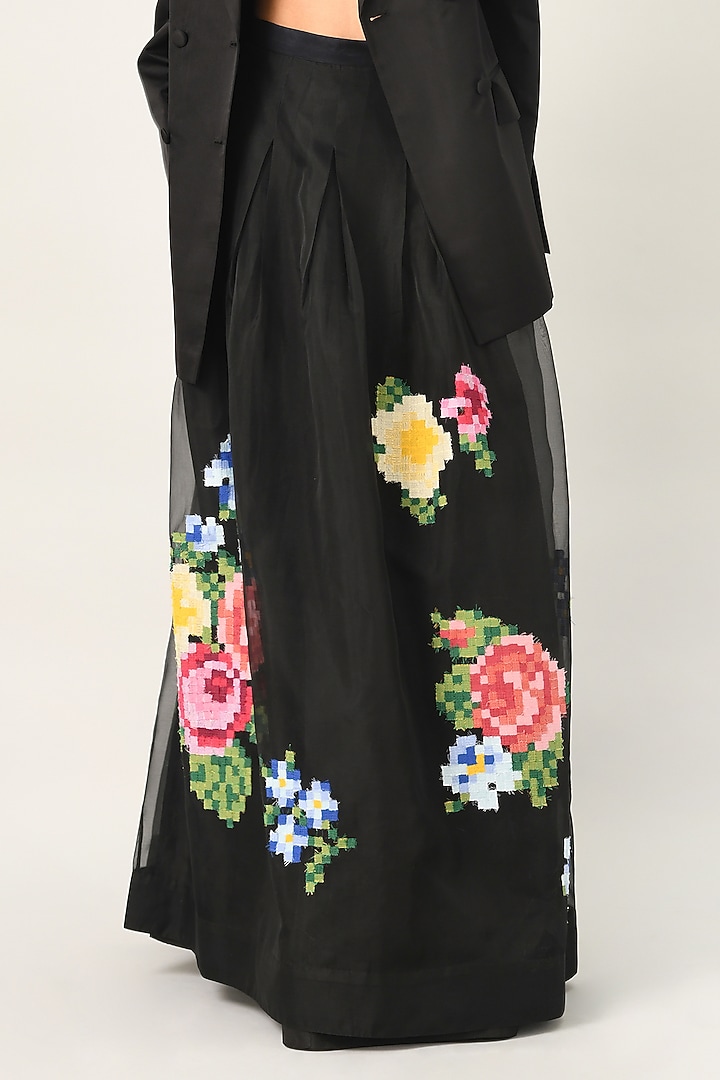 Black Silk Organza Digital Floral Embroidered Skirt by Payal Pratap at Pernia's Pop Up Shop