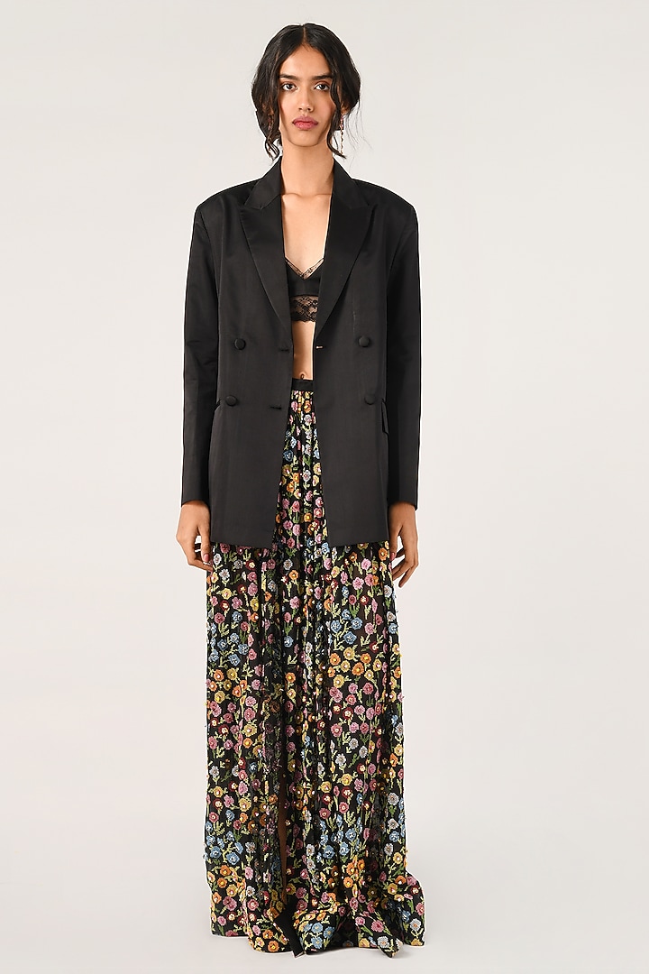 Black Cotton Silk Floral Embroidered Skirt by Payal Pratap at Pernia's Pop Up Shop