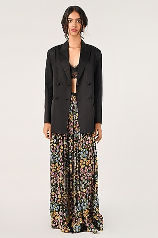 Black Cotton Silk Floral Embroidered Skirt by Payal Pratap