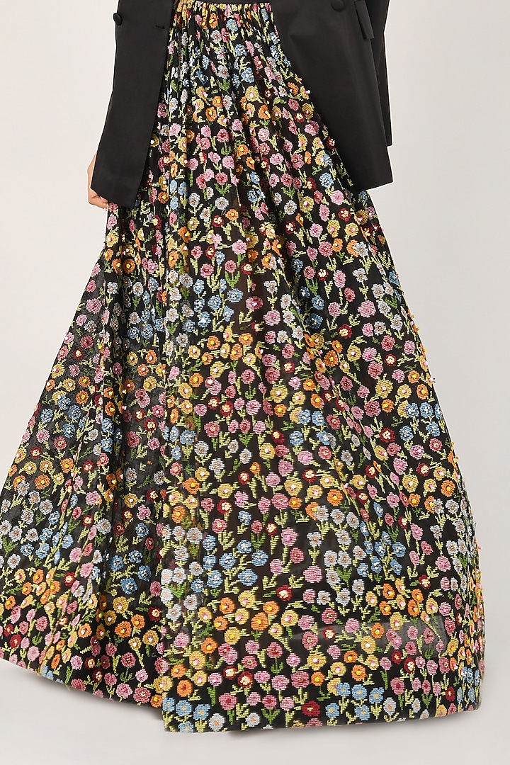 Black Cotton Silk Floral Embroidered Skirt by Payal Pratap at Pernia's Pop Up Shop