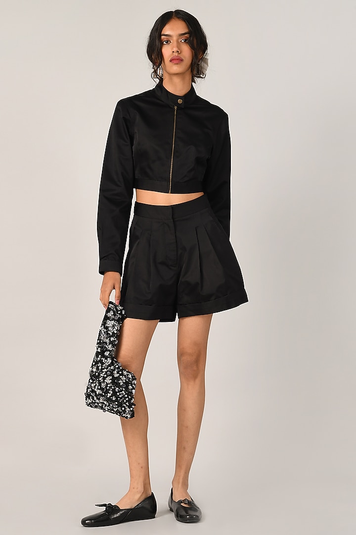 Black Duchess Satin Sleek Short Jacket by Payal Pratap at Pernia's Pop Up Shop