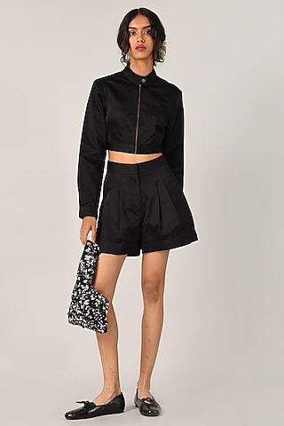 Black Duchess Satin Sleek Short Jacket by Payal Pratap