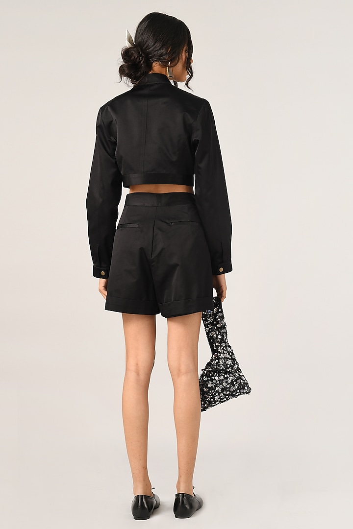 Black Duchess Satin Sleek Short Jacket by Payal Pratap at Pernia's Pop Up Shop