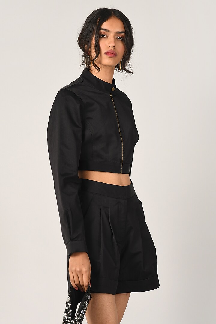 Black Duchess Satin Sleek Short Jacket by Payal Pratap at Pernia's Pop Up Shop