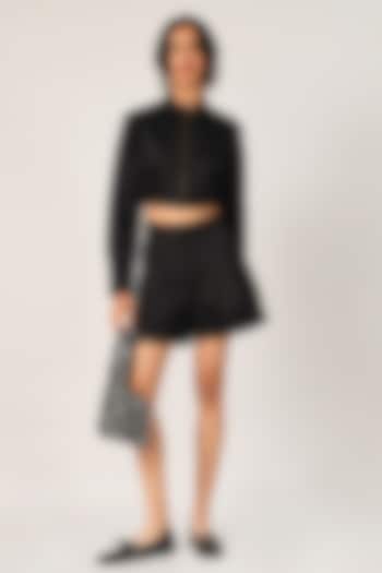 Black Duchess Satin Pleated Shorts by Payal Pratap at Pernia's Pop Up Shop