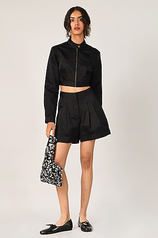 Black Duchess Satin Pleated Shorts by Payal Pratap