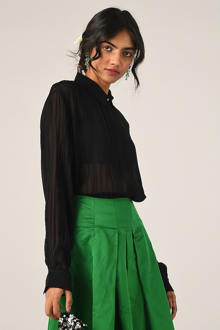 Black Viscose Georgette Pleated Shirt by Payal Pratap at Pernia's Pop Up Shop