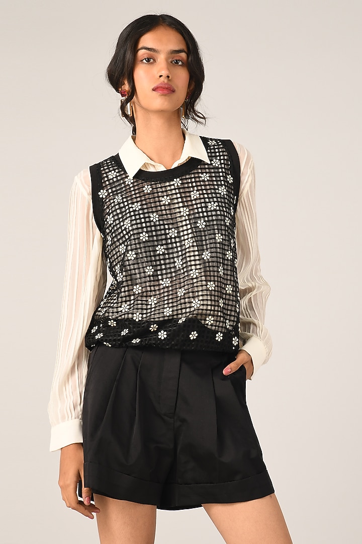 Black Organza Rib Check Vest by Payal Pratap at Pernia's Pop Up Shop