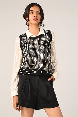 Black Organza Rib Check Vest by Payal Pratap