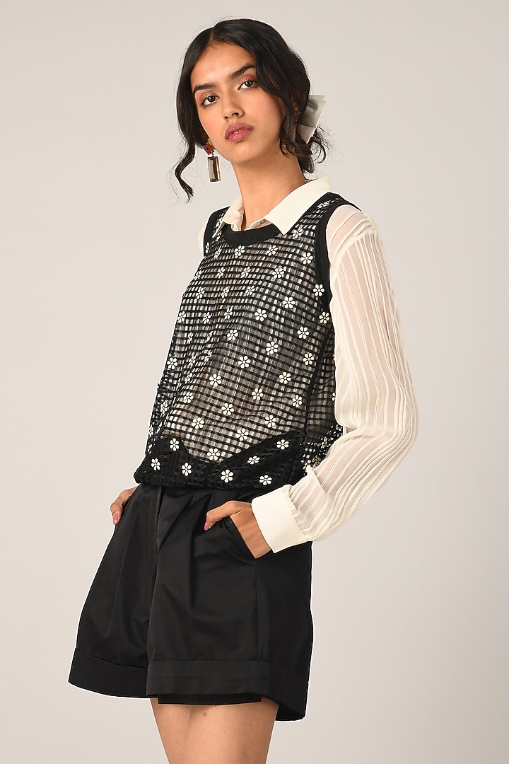 Black Organza Rib Check Vest by Payal Pratap at Pernia's Pop Up Shop