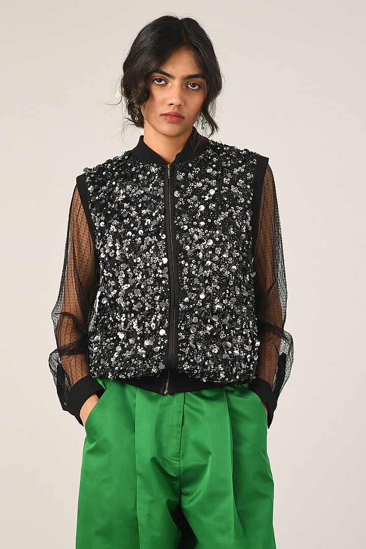 Black Poly Chiffon Embroidered Gilet by Payal Pratap at Pernia's Pop Up Shop