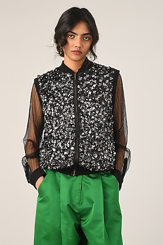Black Poly Chiffon Embroidered Gilet by Payal Pratap