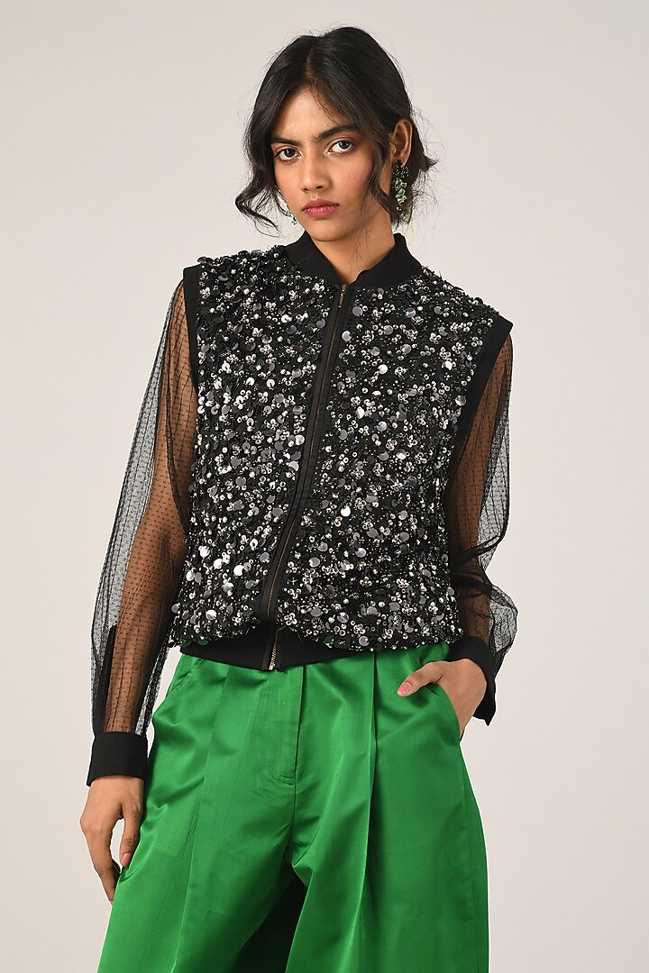 Black Poly Chiffon Embroidered Gilet by Payal Pratap at Pernia's Pop Up Shop