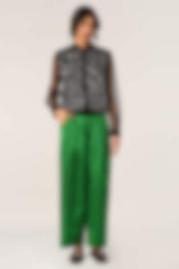 Green Duchess Satin Pleated Wide-Leg Trousers by Payal Pratap at Pernia's Pop Up Shop
