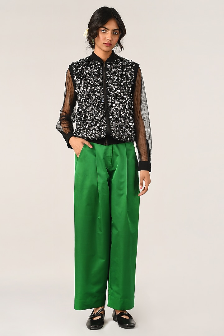 Green Duchess Satin Pleated Wide-Leg Trousers by Payal Pratap at Pernia's Pop Up Shop
