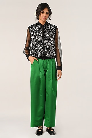 Green Duchess Satin Pleated Wide-Leg Trousers by Payal Pratap