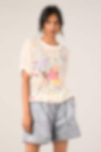 White Viscose Georgette Floral Embroidered T-Shirt by Payal Pratap at Pernia's Pop Up Shop