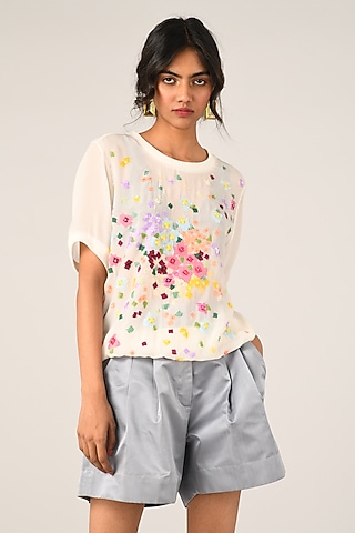 White Viscose Georgette Floral Embroidered T-Shirt by Payal Pratap