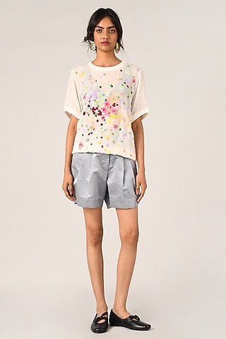 Grey Duchess Satin Pleated Shorts by Payal Pratap