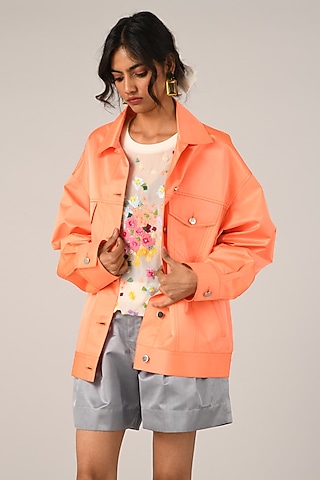 Peach Duchess Satin Oversized Jacket by Payal Pratap