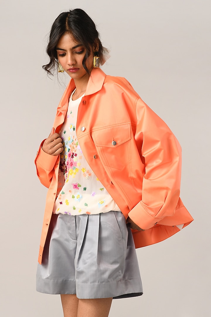 Peach Duchess Satin Oversized Jacket by Payal Pratap at Pernia's Pop Up Shop