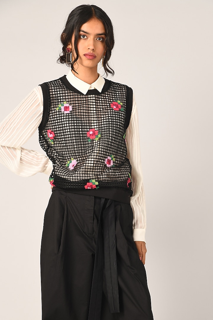 Black Poly Check & Net Cardigan Top by Payal Pratap at Pernia's Pop Up Shop