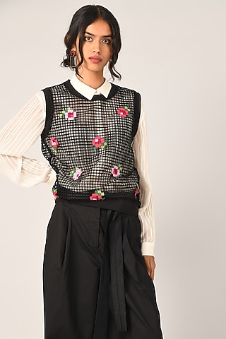 Black Poly Check & Net Cardigan Top by Payal Pratap