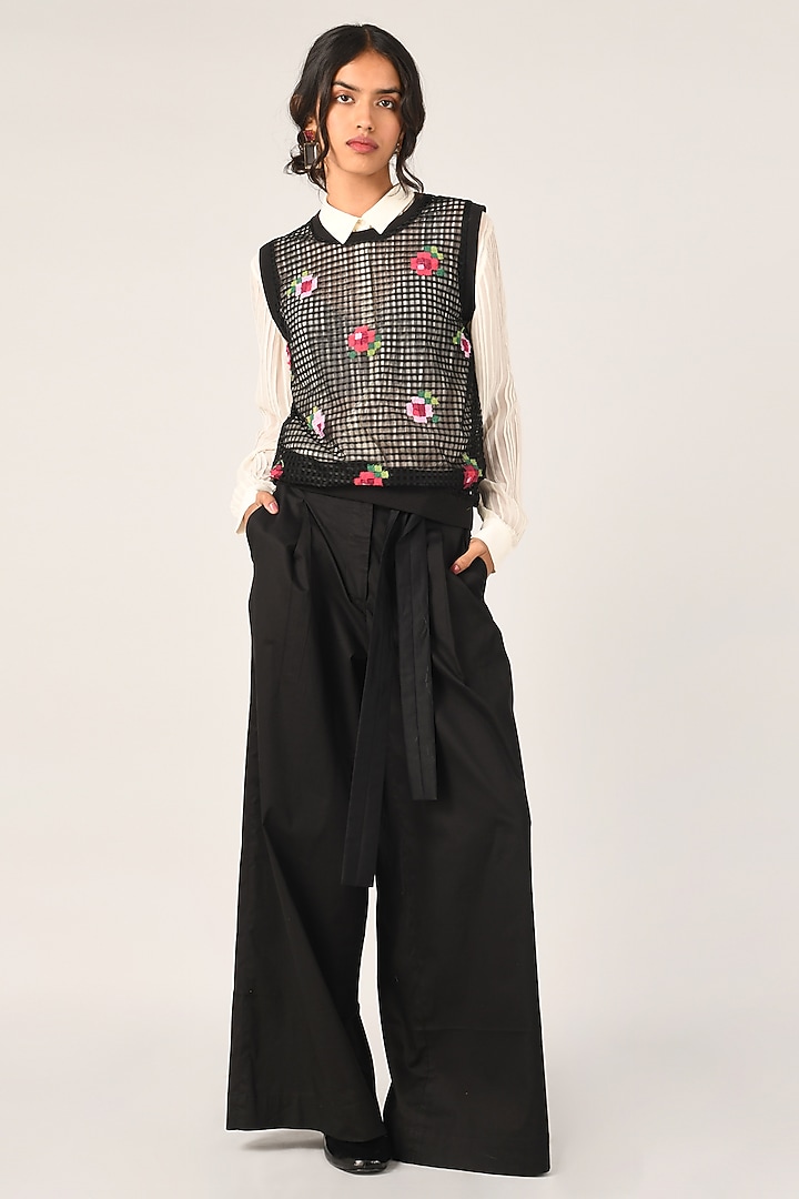 Black Poly Check & Net Cardigan Top by Payal Pratap at Pernia's Pop Up Shop