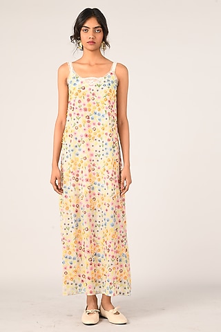Ivory Cotton Silk Floral Slip Dress by Payal Pratap