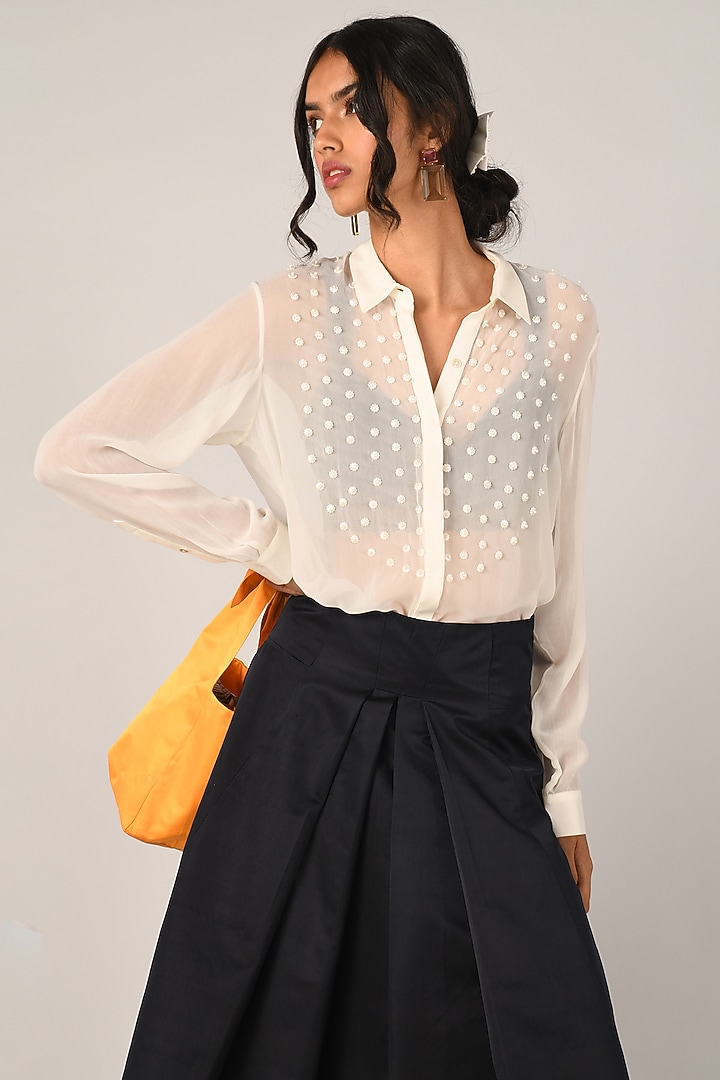 White Heavy Georgette Yoke Embroidered Shirt by Payal Pratap at Pernia's Pop Up Shop