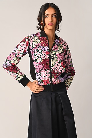 Multi-Colored Organza Floral Zipper Jacket by Payal Pratap