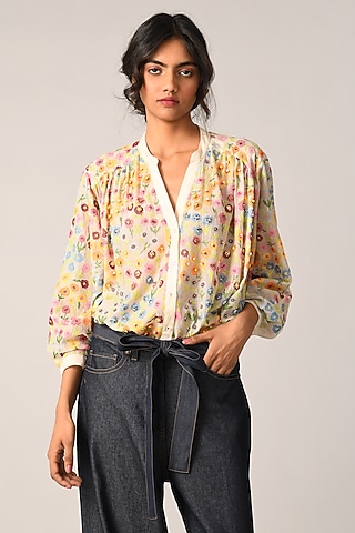 Ivory Cotton Silk Floral Oversized Shirt by Payal Pratap