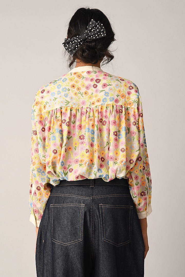 Ivory Cotton Silk Floral Oversized Shirt by Payal Pratap at Pernia's Pop Up Shop