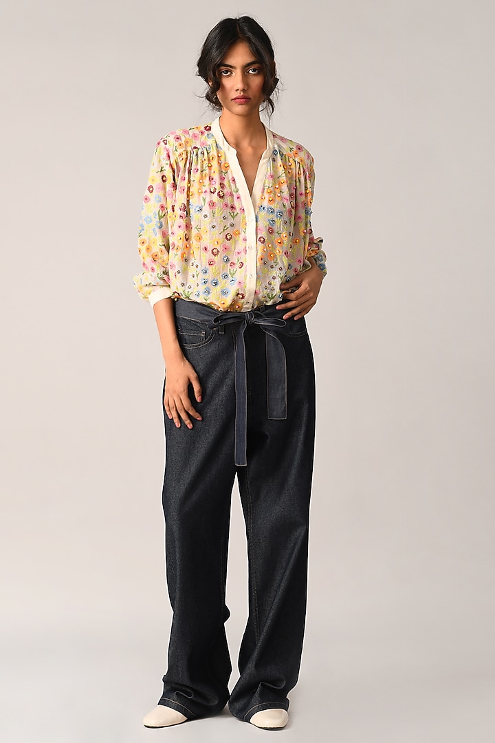 Ivory Cotton Silk Floral Oversized Shirt by Payal Pratap at Pernia's Pop Up Shop
