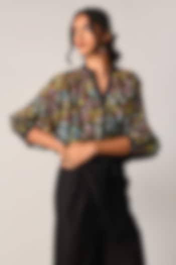 Black Cotton Silk Floral Oversized Shirt by Payal Pratap at Pernia's Pop Up Shop